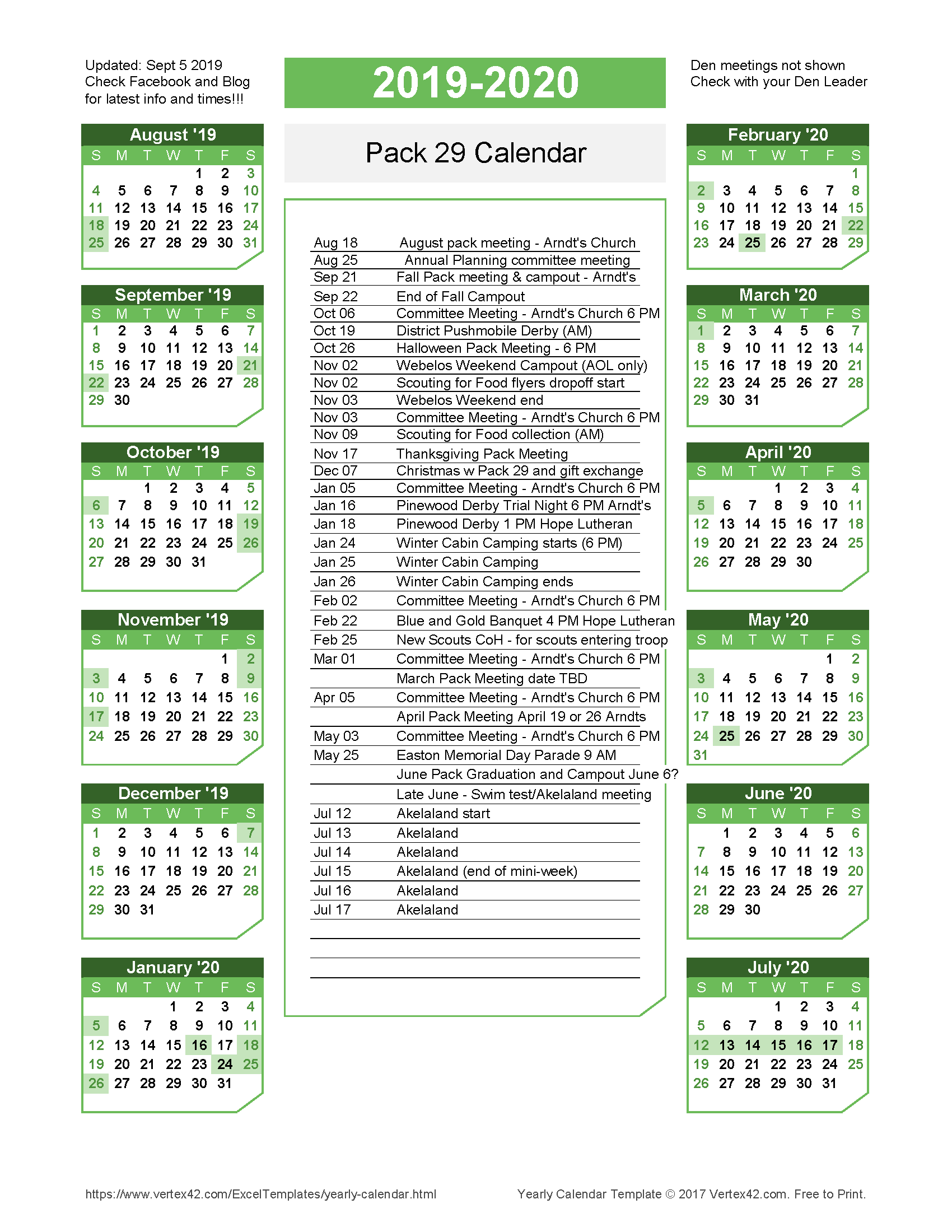 2019-2020 Pack 29 calendar
