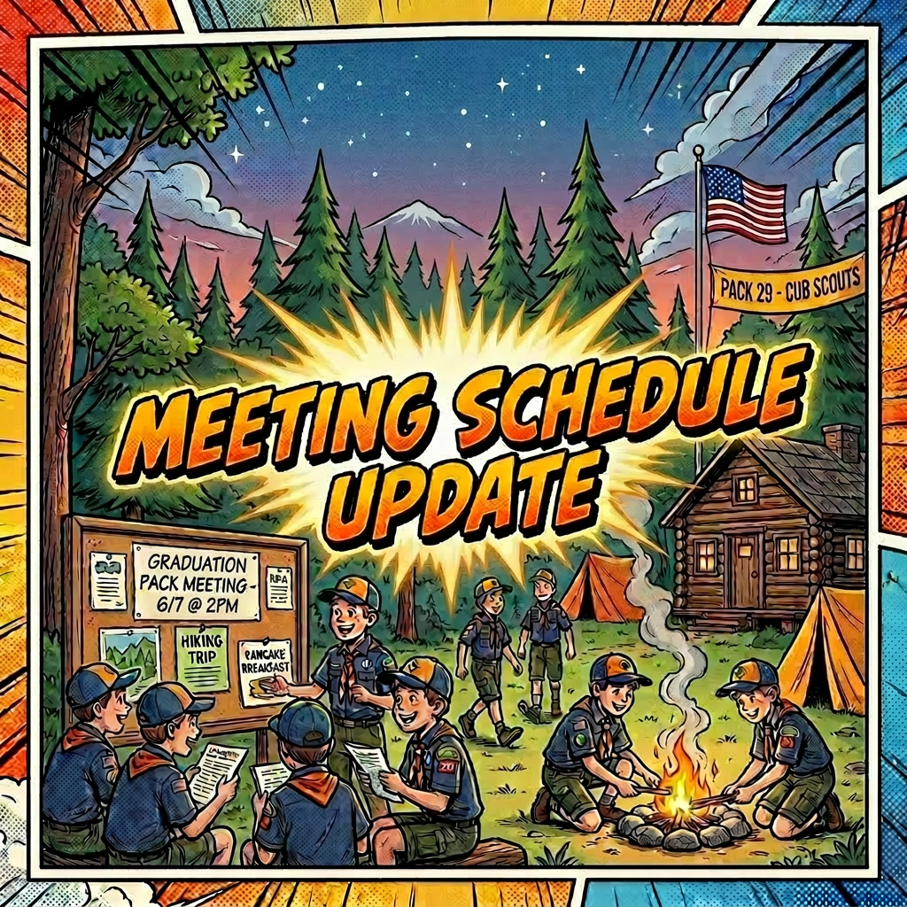 Cub Scouts discussing meeting schedule update around campfire and bulletin board in forest setting